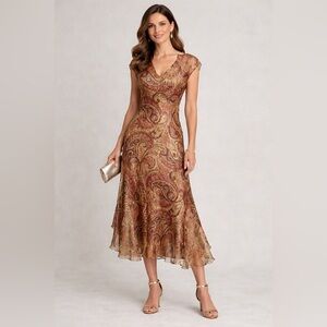 Komarov Gold Paisley Lace Detail Long Dress SzL